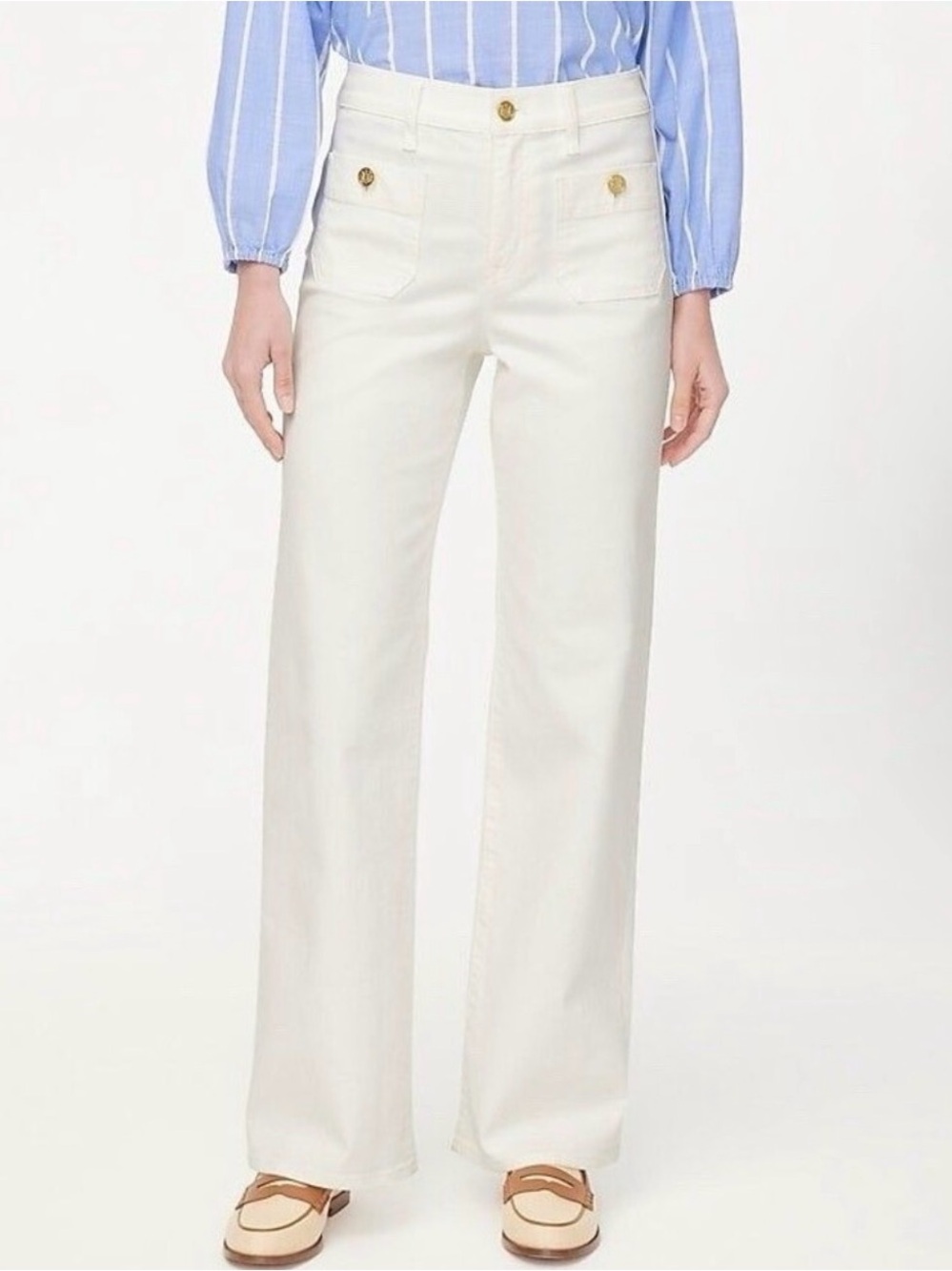 J. Crew High-Rise Wide-Leg Jeans in White with Gold Buttons